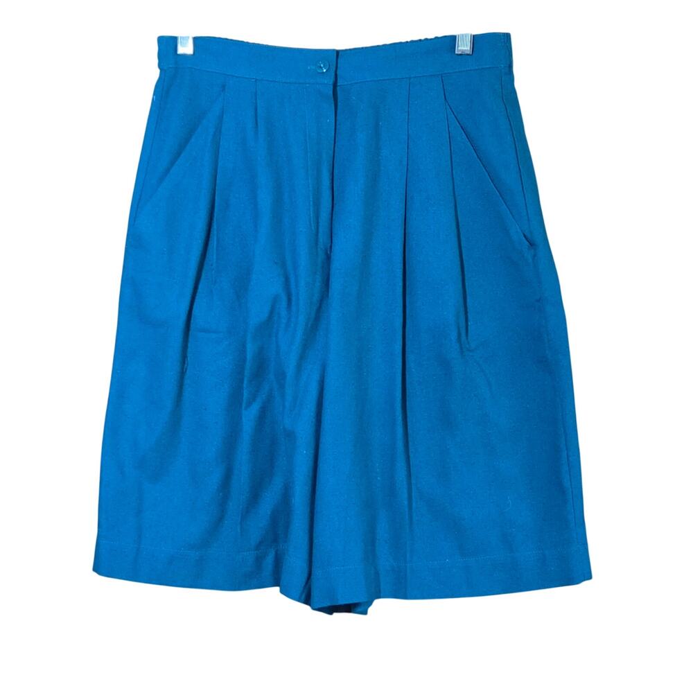Vintage Silk Blue High Rise Pleated Front Shorts with Pockets Size Medium